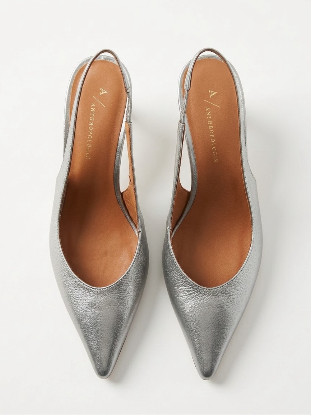 By Anthropologie Silver Metallic Slingback Heels